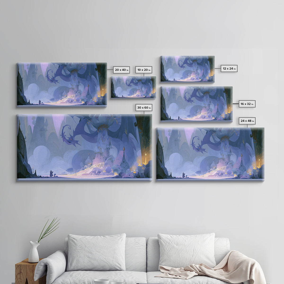 Dragon Curled Around a Jeweled Tower Canvas Print, Fairy Tale Art, Whimsical Decor, Living Room Decor, Fine Art, Storybook, FTA-2x1-49