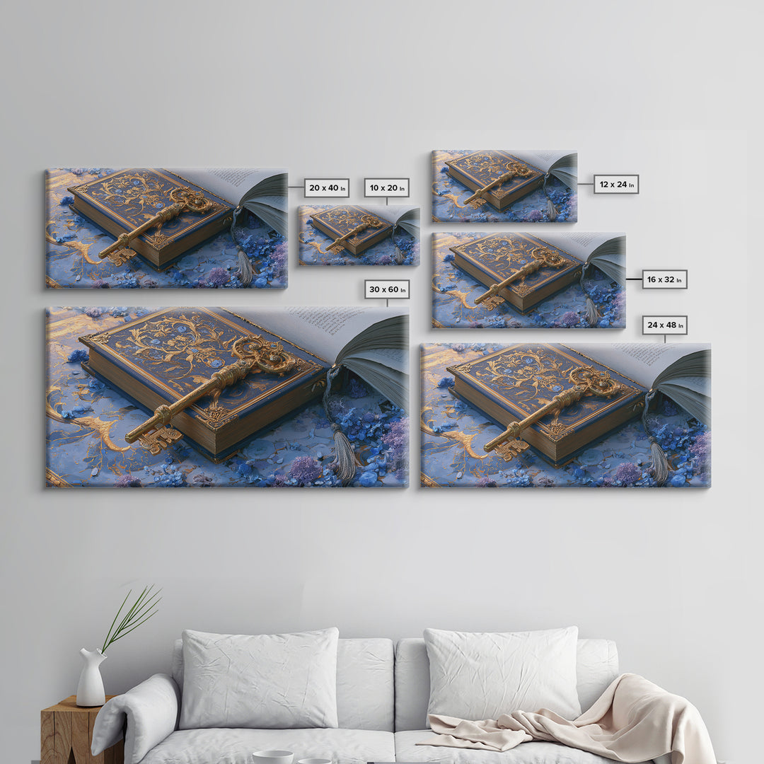 Golden Key and Enchanted Book Still Life Canvas Print, Fairy Tale Art, Nursery Wall Art, Living Room Decor, Storybook, FTA-2x1-5