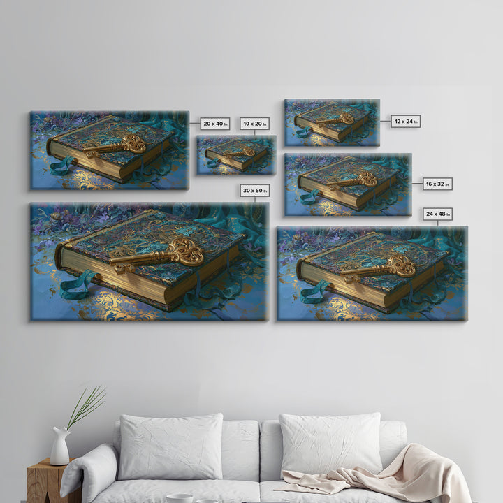 Golden Key and Enchanted Book Still Life Canvas Print, Fairy Tale Art, Boho Wall Art, Living Room Decor, Oil Painting, FTA-2x1-53