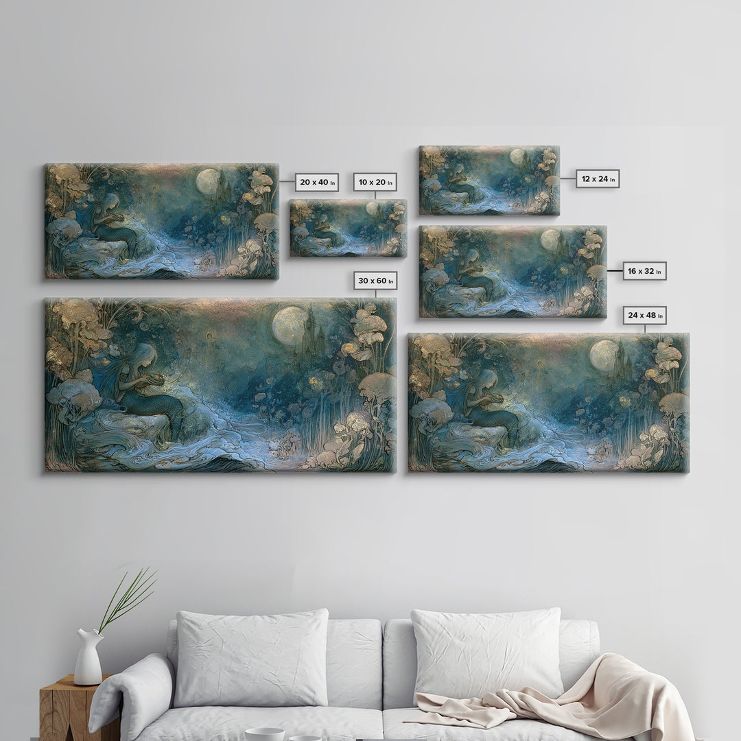 Mermaid Combing Hair Beneath a Pearl Moon Canvas Print, Fairy Tale Art, Printable Wall Art, Living Room Decor, Storybook, FTA-2x1-56