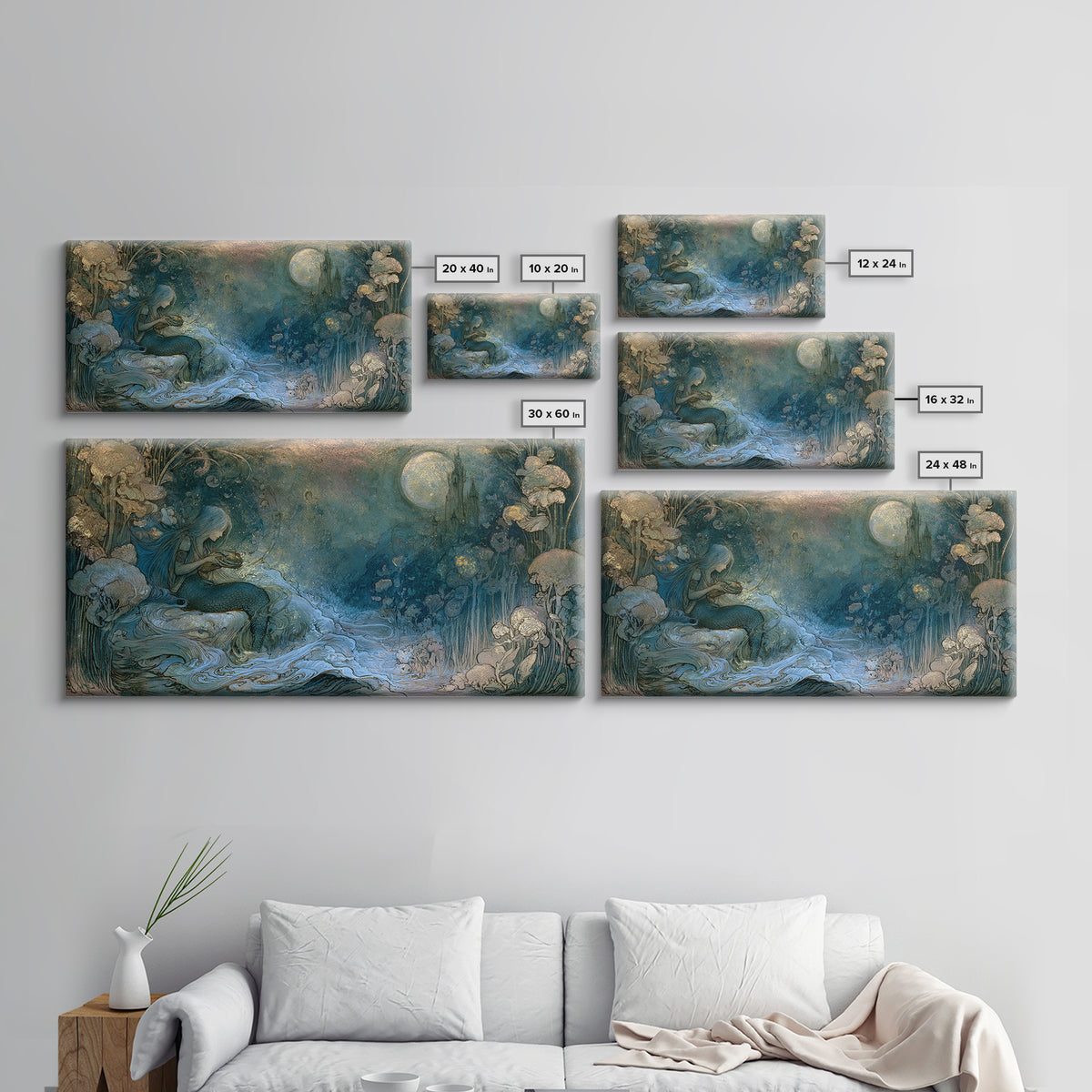 Mermaid Combing Hair Beneath a Pearl Moon Canvas Print, Fairy Tale Art, Printable Wall Art, Living Room Decor, Storybook, FTA-2x1-56