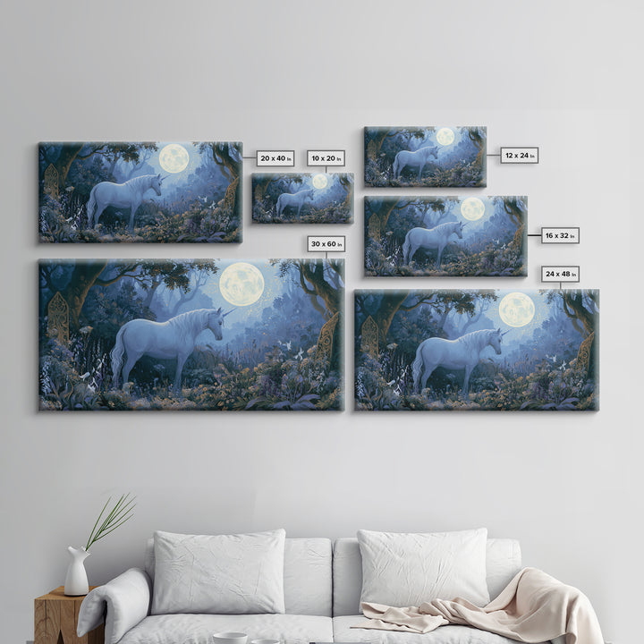 Unicorn in a Moonlit Meadow Framed Canvas Print, Fairy Tale Art, Minimalist Decor, Living Room Decor, Oil Painting, Storybook, FTA-2x1-6