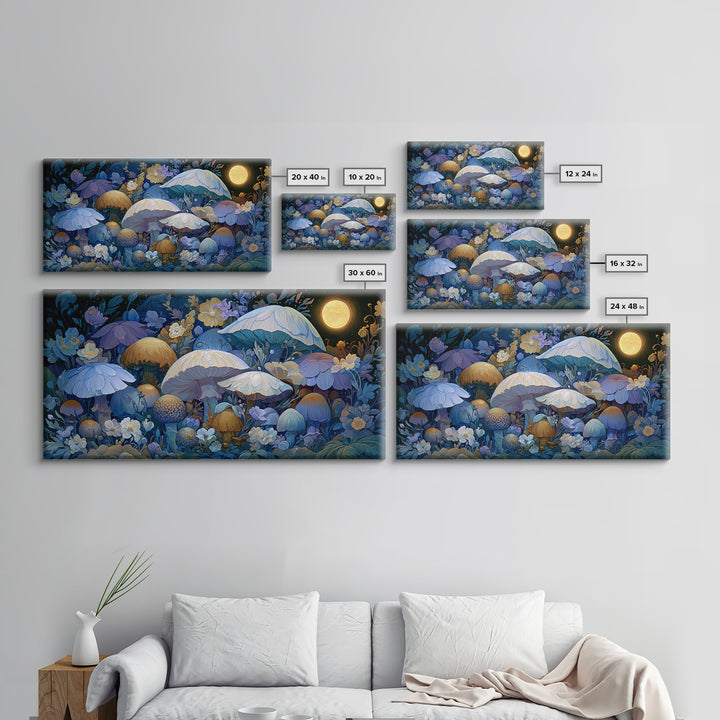 Fairy Ring of Mushrooms and Wildflowers Framed Canvas Print, Fairy Tale Art, Abstract Art, Living Room Decor, Storybook, FTA-2x1-65