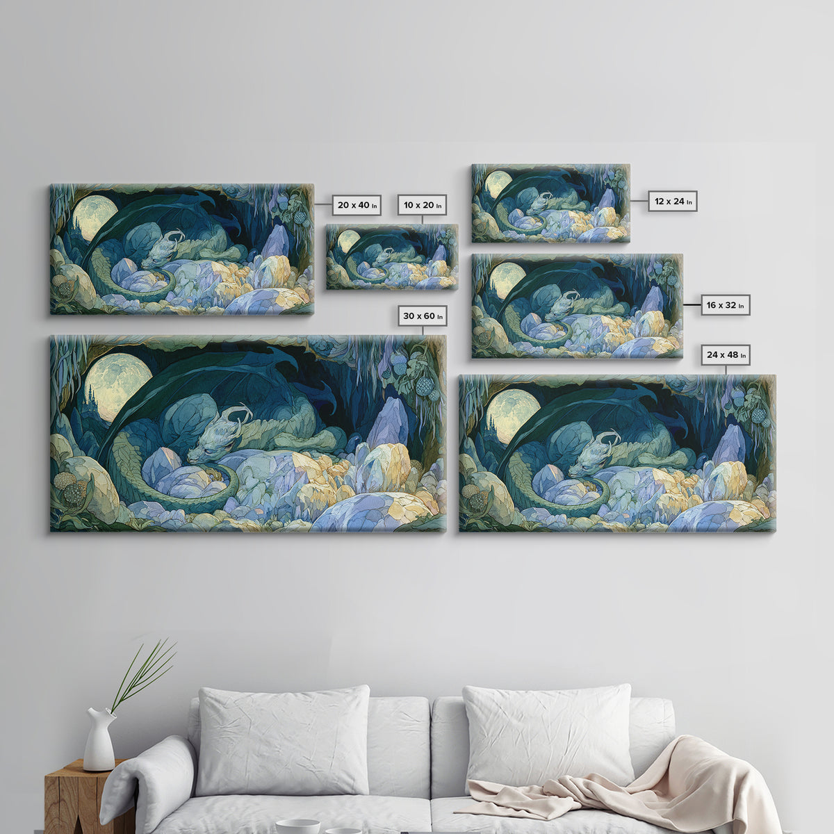 Sleeping Dragon in a Cave of Crystals Canvas Print, Fairy Tale Art, Nursery Wall Art, Living Room Decor, Watercolor Art, FTA-2x1-68