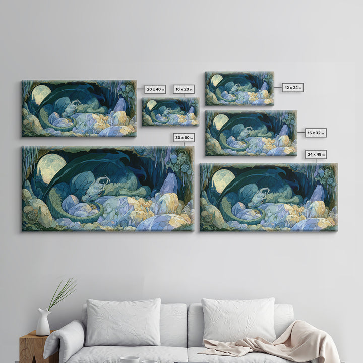 Sleeping Dragon in a Cave of Crystals Canvas Print, Fairy Tale Art, Nursery Wall Art, Living Room Decor, Watercolor Art, FTA-2x1-68