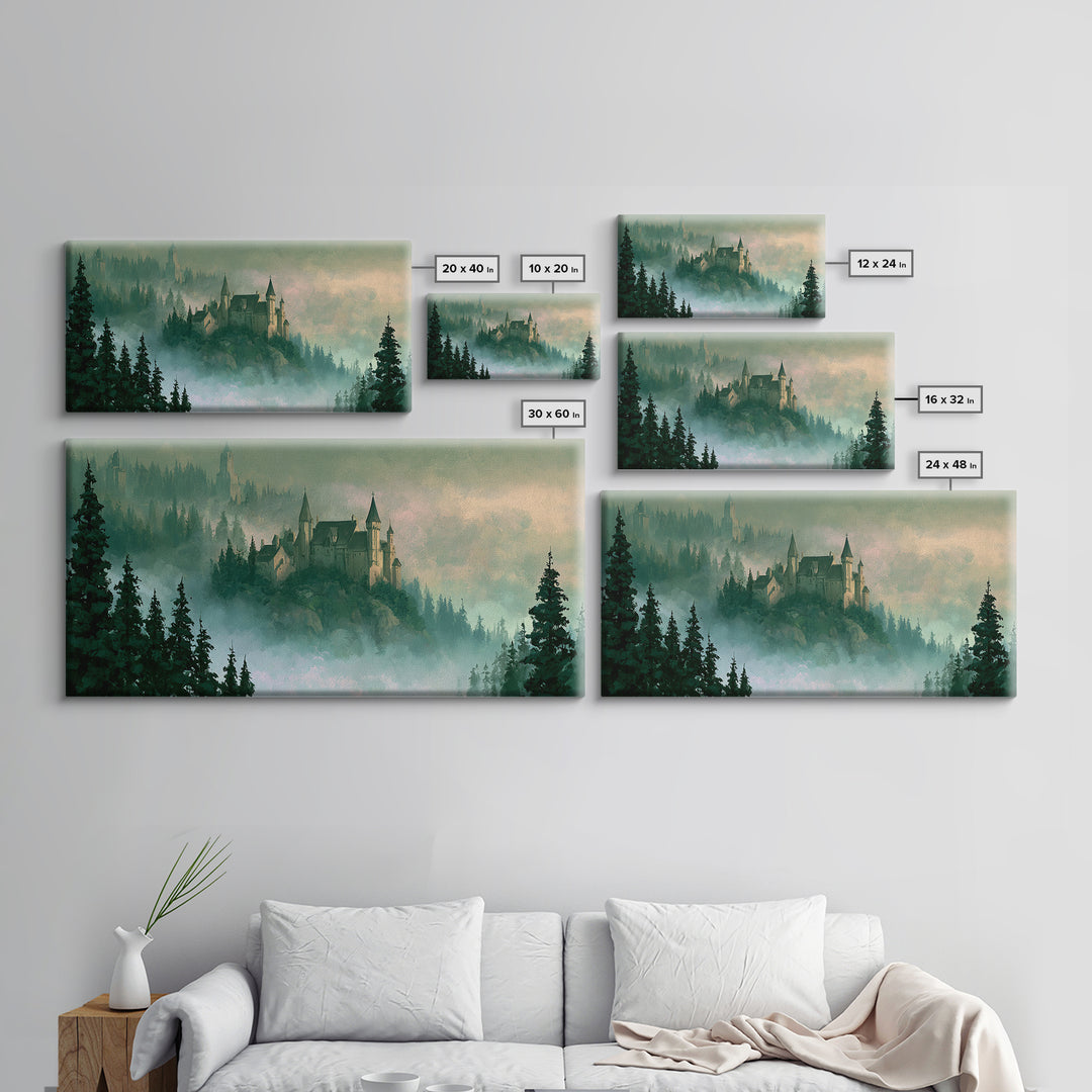 Storybook Castle on a Misty Hill Canvas Print, Fairy Tale Art, Original Art, Living Room Decor, Fine Art, Storybook, Folk Art, FTA-2x1-70