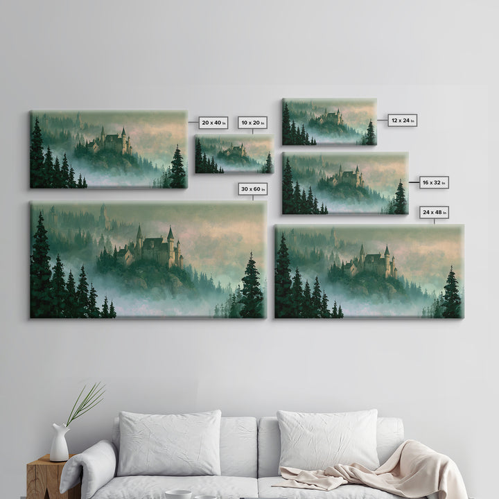 Storybook Castle on a Misty Hill Canvas Print, Fairy Tale Art, Original Art, Living Room Decor, Fine Art, Storybook, Folk Art, FTA-2x1-70