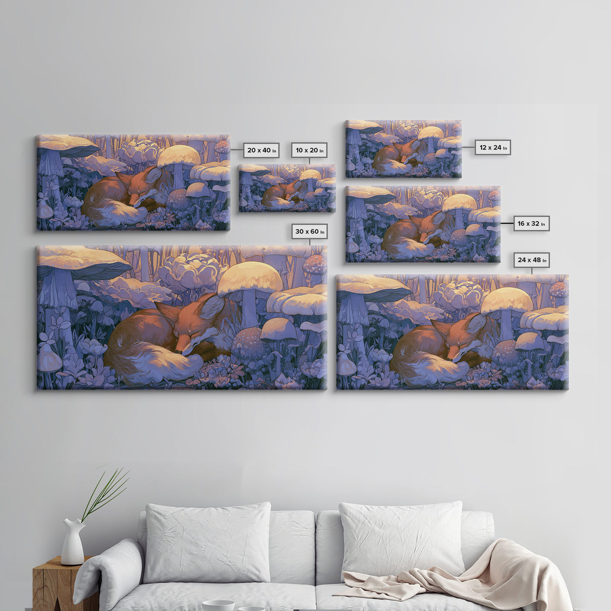 Sleeping Fox Beside a Magical Mushroom Ring Canvas Print, Fairy Tale Art, Kids Room Decor, Living Room Decor, Abstract Art, FTA-2x1-71