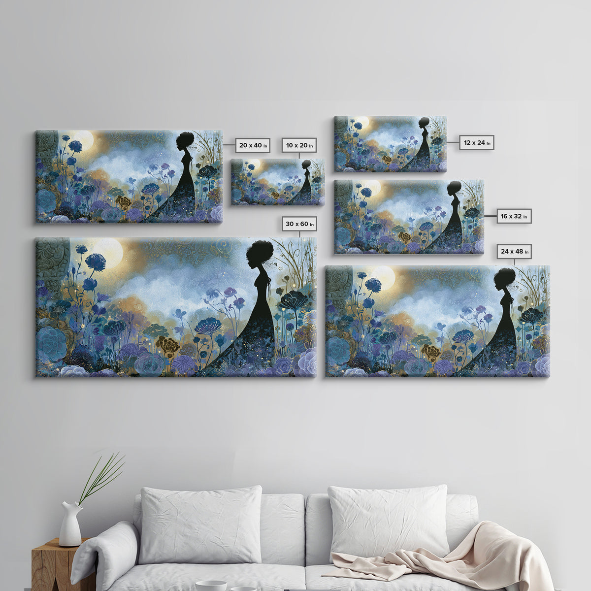 Princess Silhouette with Moonlit Garden Flowers Canvas Print, Fairy Tale Art, Art Nouveau, Living Room Decor, Storybook, FTA-2x1-72