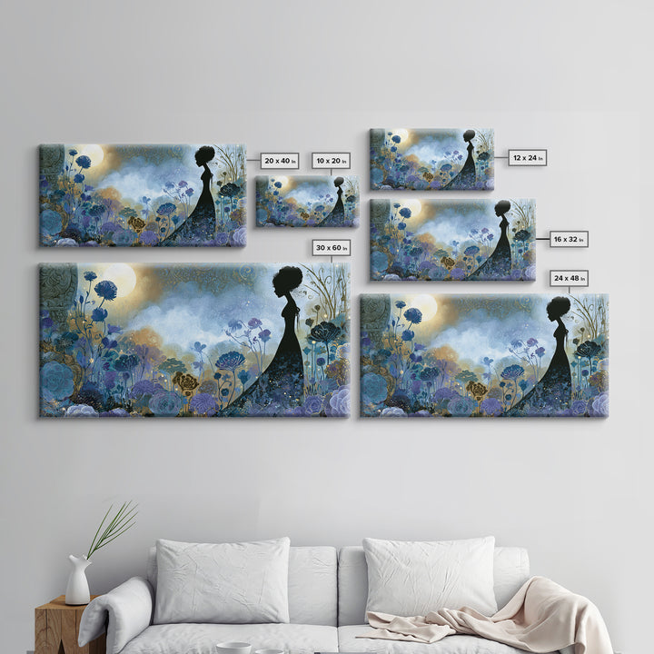 Princess Silhouette with Moonlit Garden Flowers Canvas Print, Fairy Tale Art, Art Nouveau, Living Room Decor, Storybook, FTA-2x1-72