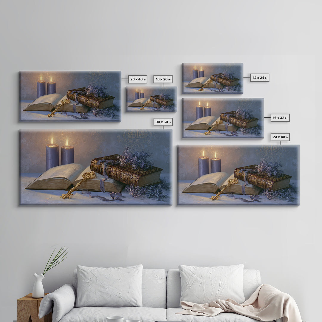 Golden Key and Enchanted Book Still Life Canvas Print, Fairy Tale Art, Boho Wall Art, Living Room Decor, Oil Painting, FTA-2x1-77