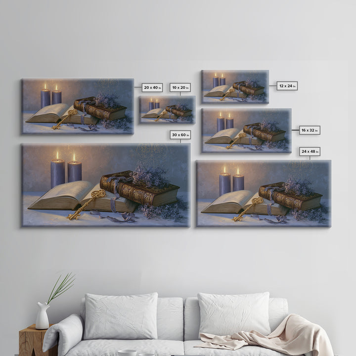 Golden Key and Enchanted Book Still Life Canvas Print, Fairy Tale Art, Boho Wall Art, Living Room Decor, Oil Painting, FTA-2x1-77