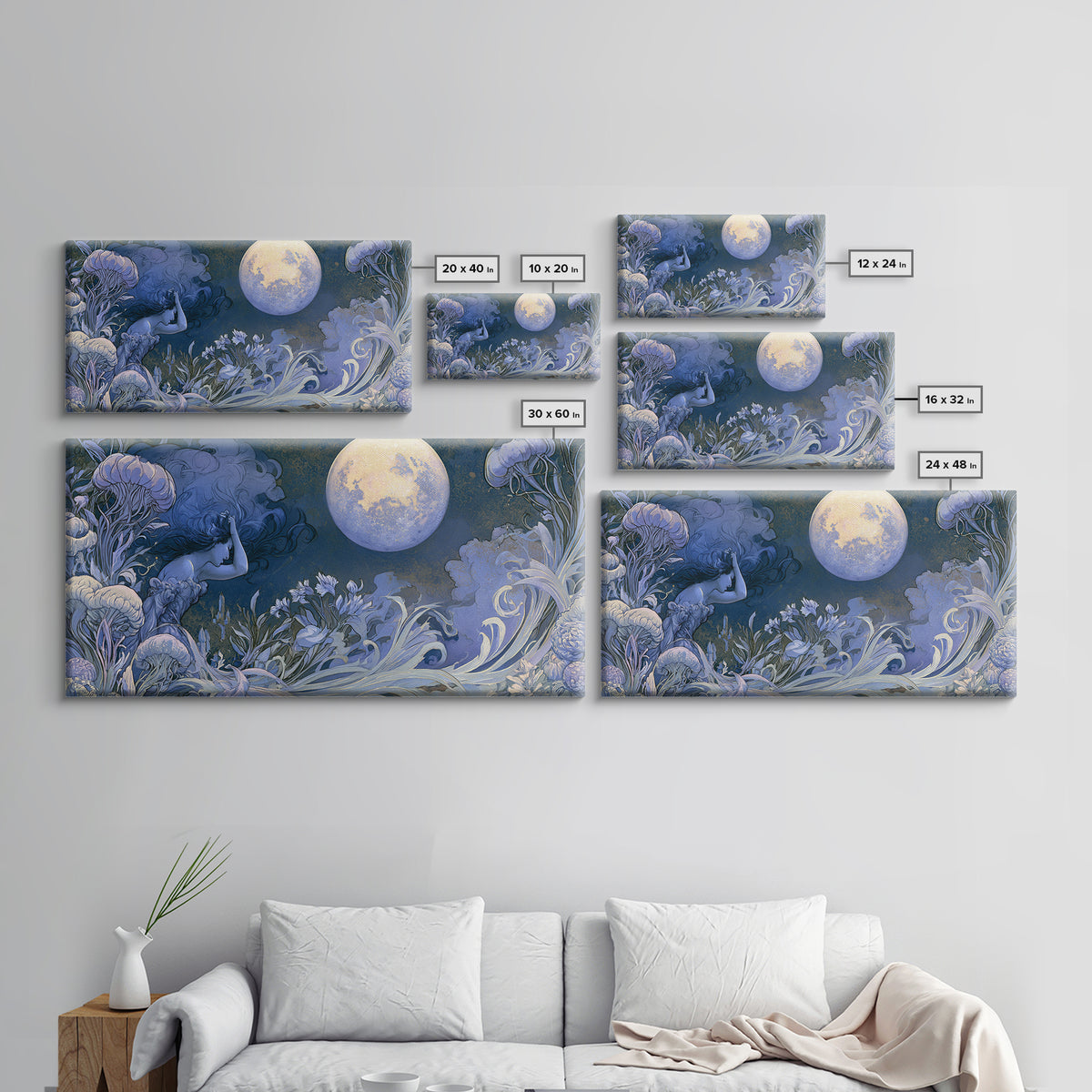 Mermaid Combing Hair Beneath a Pearl Moon Canvas Print, Fairy Tale Art, Luxury Decor, Living Room Decor, Storybook, FTA-2x1-8