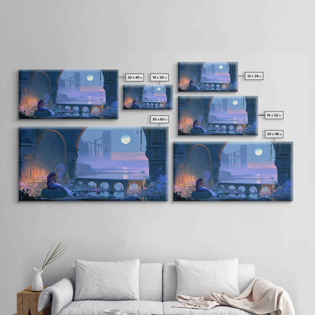 Mermaid Combing Hair Beneath a Pearl Moon Framed Canvas Print, Fairy Tale Art, Nursery Art, Living Room Decor, Storybook, FTA-2x1-80