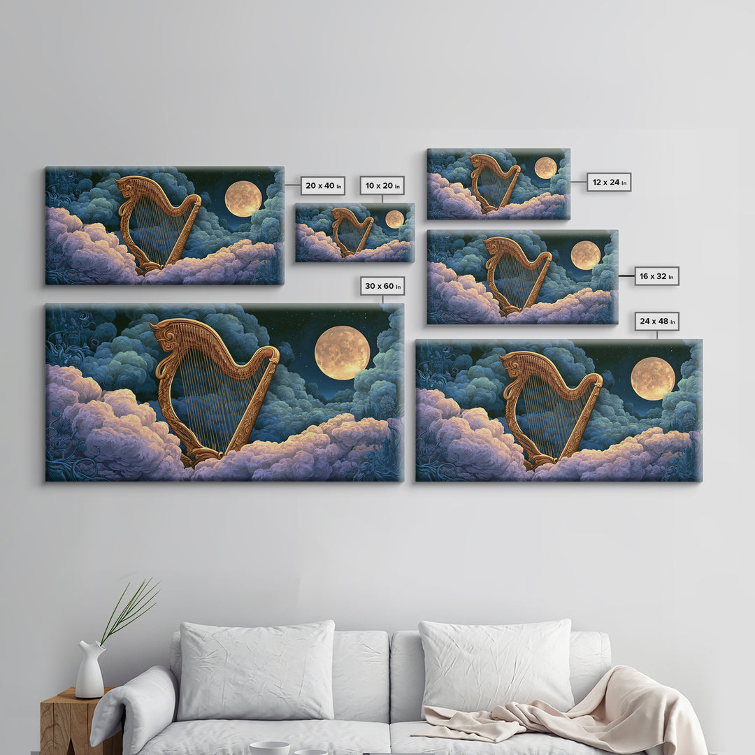 Golden Harp in a Cloud Kingdom Framed Canvas Print, Fairy Tale Art, Art Deco, Living Room Decor, Oil Painting, Storybook, FTA-2x1-90