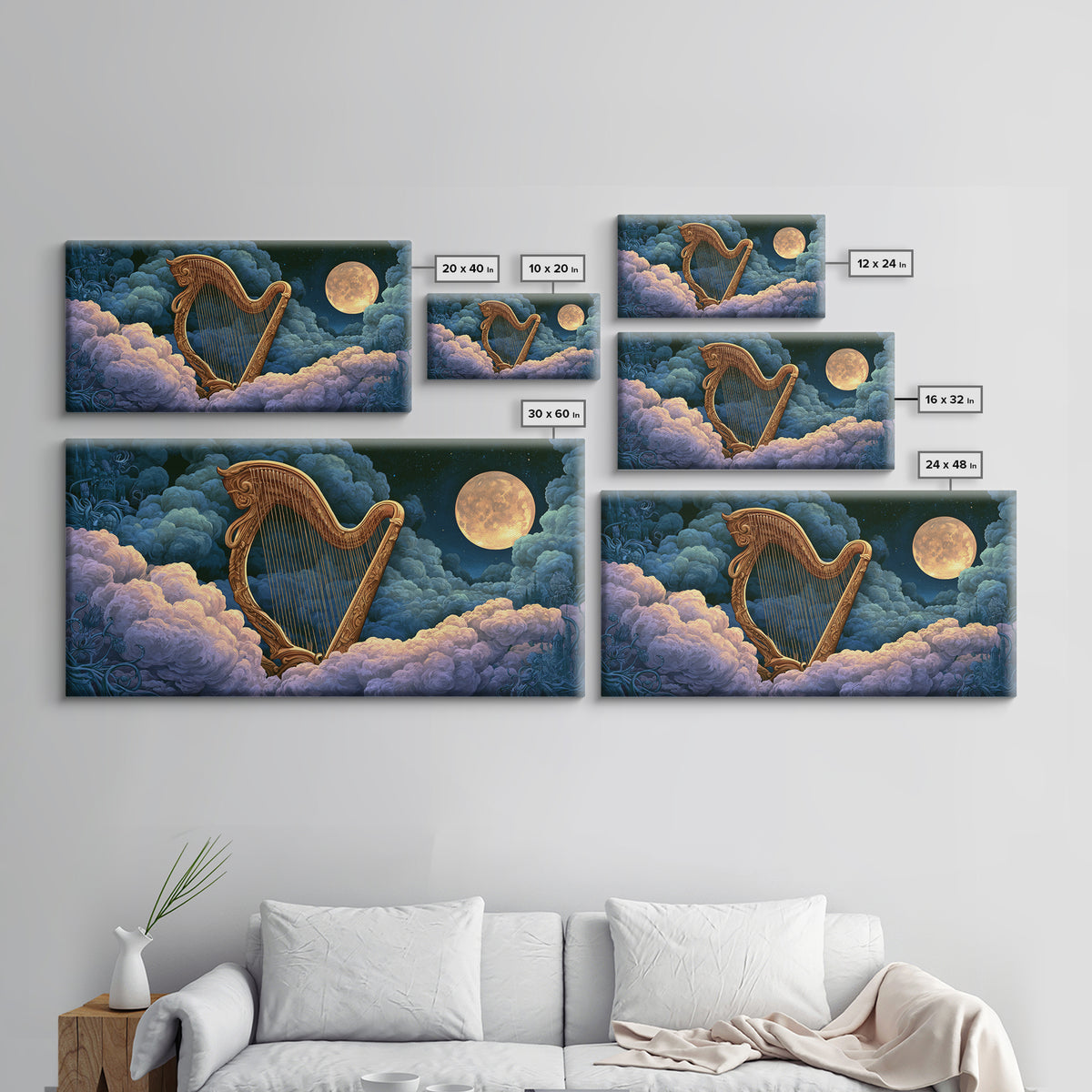 Golden Harp in a Cloud Kingdom Framed Canvas Print, Fairy Tale Art, Art Deco, Living Room Decor, Oil Painting, Storybook, FTA-2x1-90