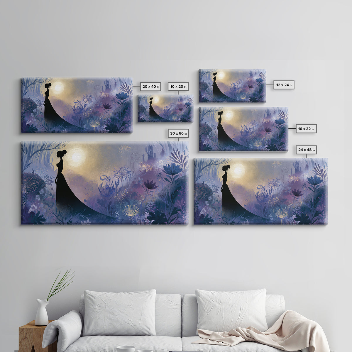 Princess Silhouette with Moonlit Garden Flowers Canvas Print, Fairy Tale Art, Princess Wall Art, Living Room Decor, Storybook, FTA-2x1-96