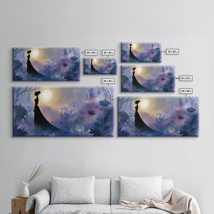 Princess Silhouette with Moonlit Garden Flowers Canvas Print, Fairy Tale Art, Princess Wall Art, Living Room Decor, Storybook, FTA-2x1-96