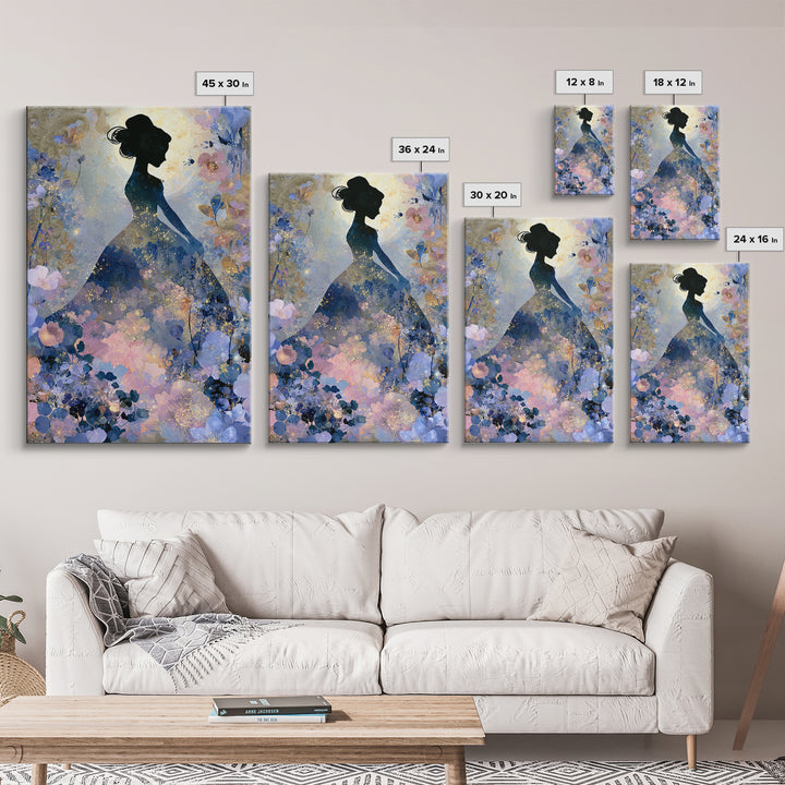 Princess Silhouette with Moonlit Garden Flowers Framed Canvas Print, Fairy Tale Art, Art Deco, Living Room Decor, Storybook, FTA-2x3-12