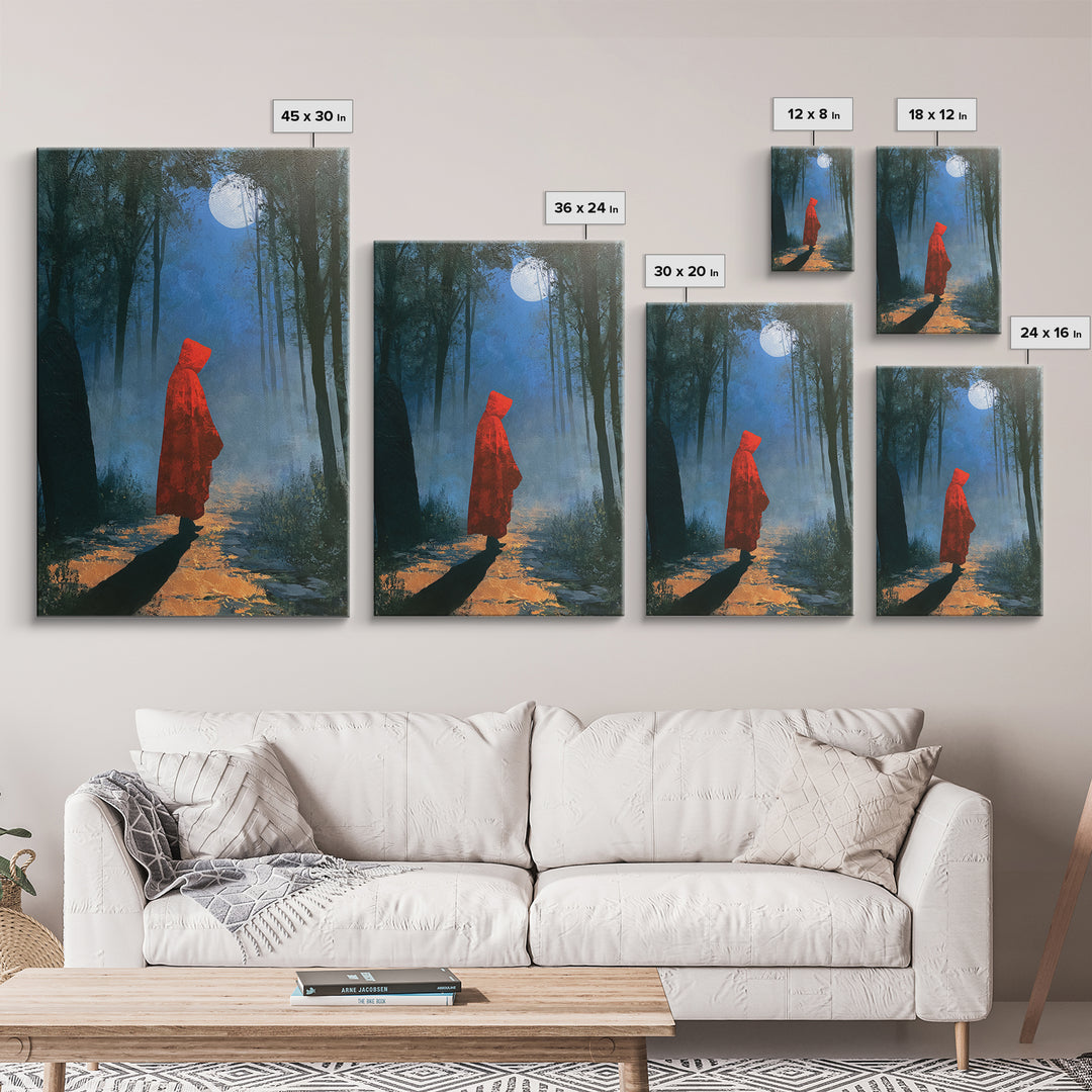 Red Cloak Figure Walking Through Dark Woods Canvas Print, Fairy Tale Art, Gallery Decor, Living Room Decor, Fine Art, Storybook, FTA-2x3-16