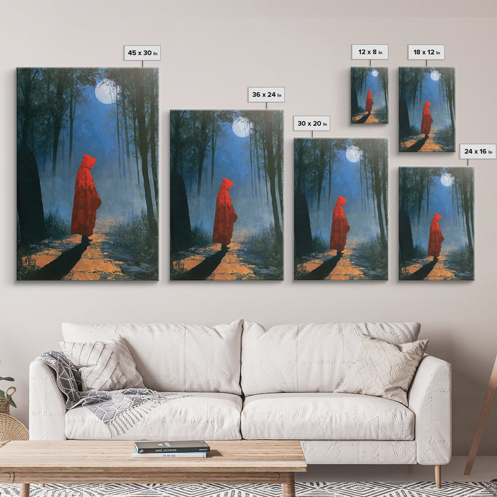Red Cloak Figure Walking Through Dark Woods Canvas Print, Fairy Tale Art, Gallery Decor, Living Room Decor, Fine Art, Storybook, FTA-2x3-16