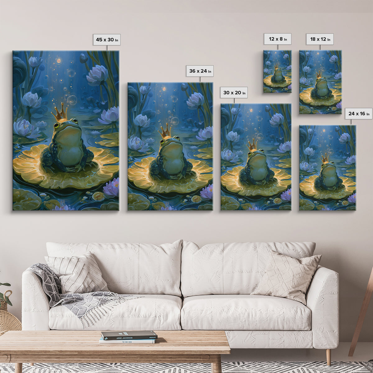 Frog Prince on a Lily Pad Framed Canvas Print, Fairy Tale Art, Contemporary Art, Living Room Decor, Fine Art, Storybook, FTA-2x3-19