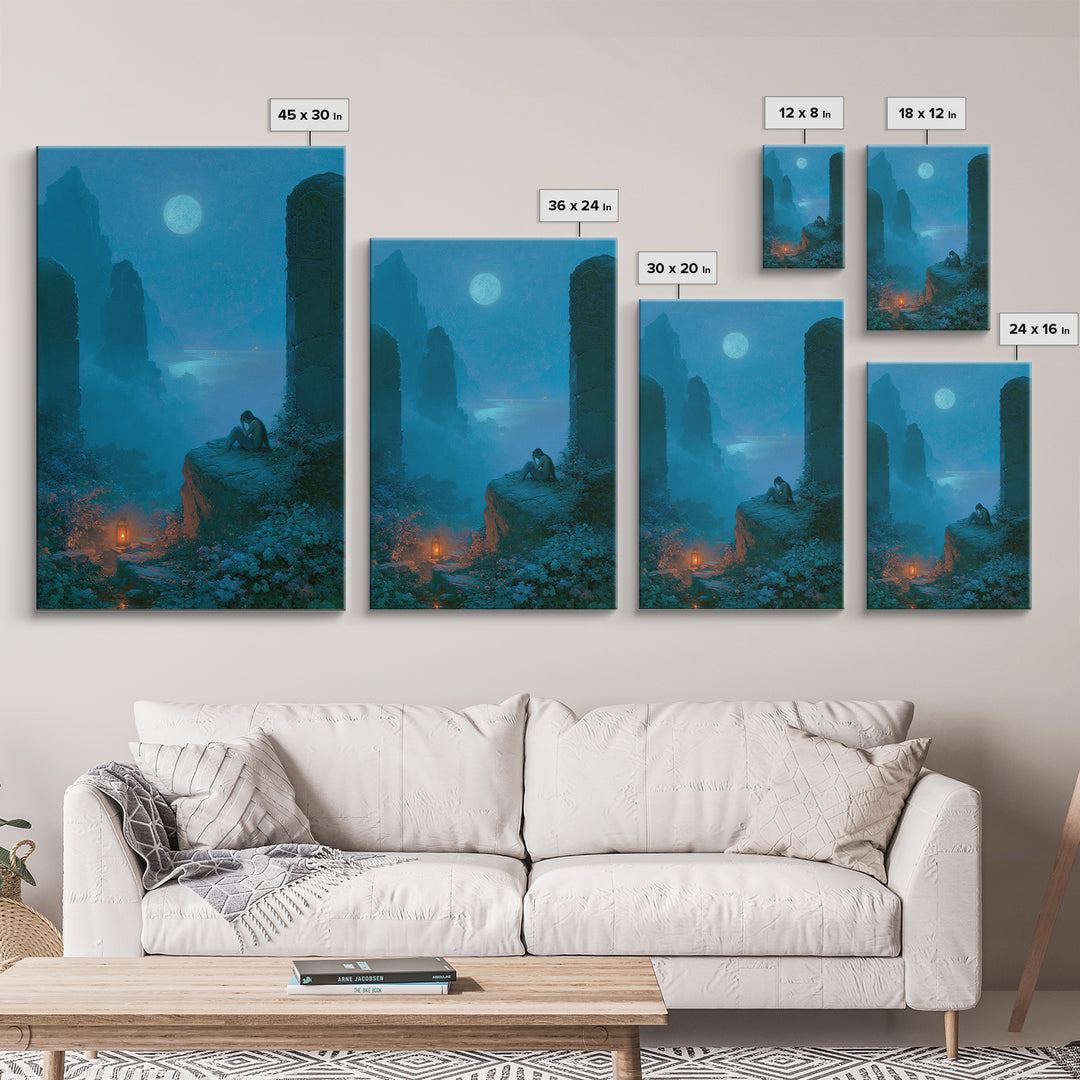 Mermaid Combing Hair Beneath a Pearl Moon Framed Canvas Print, Fairy Tale Art, Boho Wall Art, Living Room Decor, Oil Painting, FTA-2x3-20