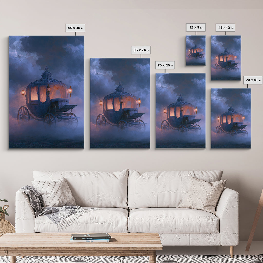Pumpkin Carriage under Midnight Sky Framed Canvas Print, Fairy Tale Art, Modern Decor, Living Room Decor, Fine Art, Storybook, FTA-2x3-24