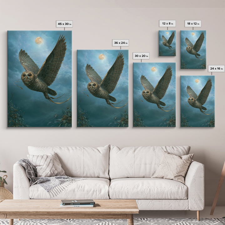Owl Messenger Carrying a Tiny Ribbon Framed Canvas Print, Fairy Tale Art, Original Art, Living Room Decor, Fine Art, Storybook, FTA-2x3-25