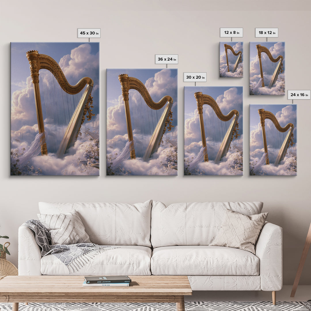 Golden Harp in a Cloud Kingdom Framed Canvas Print, Fairy Tale Art, Minimalist Decor, Living Room Decor, Fine Art, Storybook, FTA-2x3-30