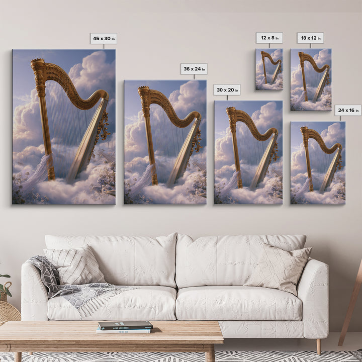 Golden Harp in a Cloud Kingdom Framed Canvas Print, Fairy Tale Art, Minimalist Decor, Living Room Decor, Fine Art, Storybook, FTA-2x3-30