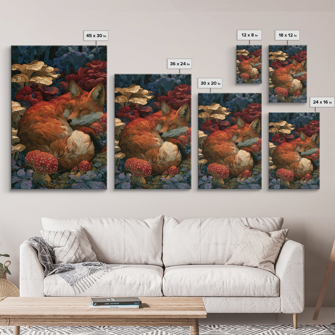 Sleeping Fox Beside a Magical Mushroom Ring Canvas Print, Fairy Tale Art, Nursery Wall Art, Living Room Decor, Watercolor Art, FTA-2x3-35