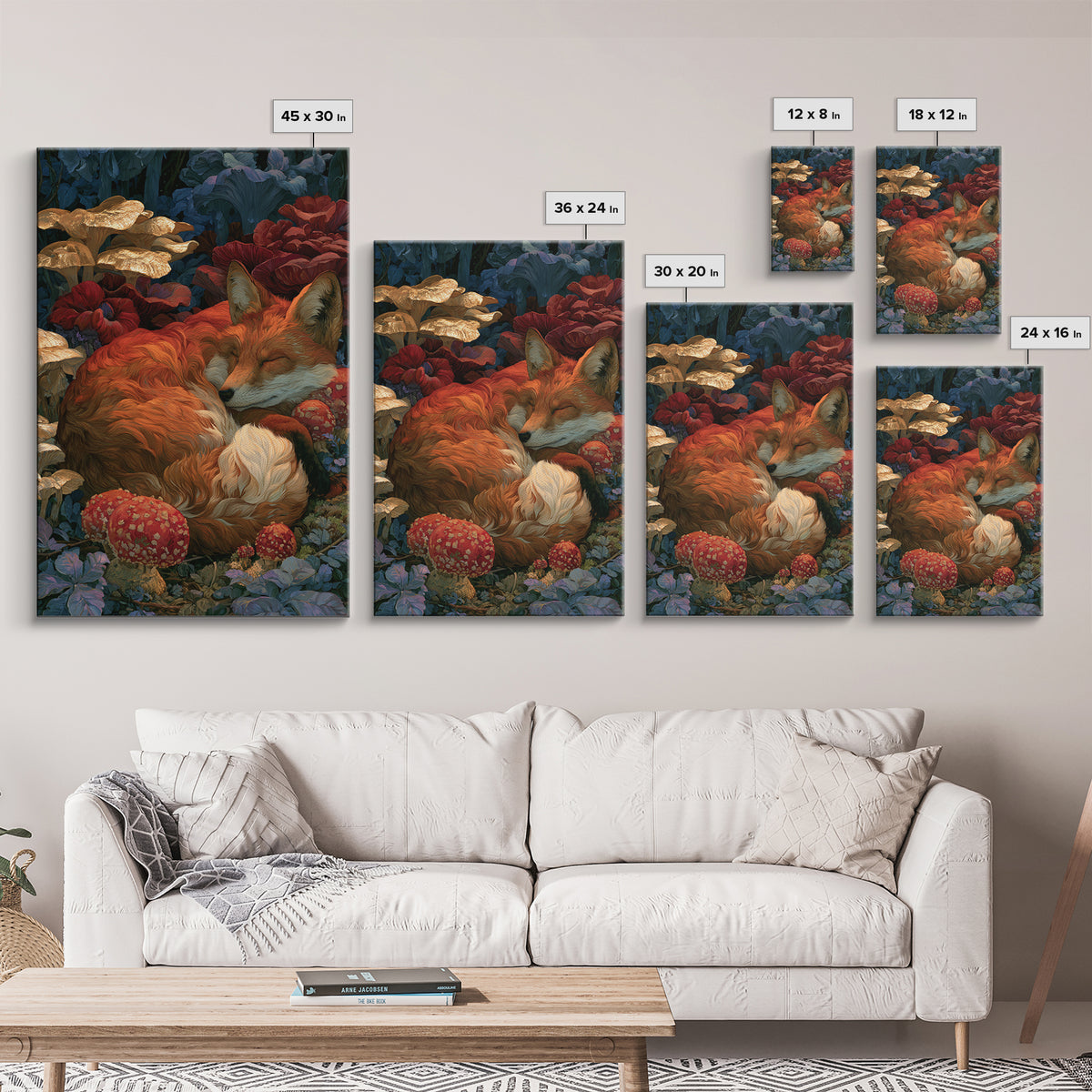 Sleeping Fox Beside a Magical Mushroom Ring Canvas Print, Fairy Tale Art, Nursery Wall Art, Living Room Decor, Watercolor Art, FTA-2x3-35