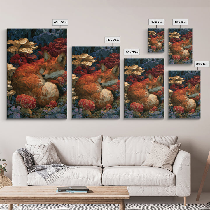 Sleeping Fox Beside a Magical Mushroom Ring Canvas Print, Fairy Tale Art, Nursery Wall Art, Living Room Decor, Watercolor Art, FTA-2x3-35