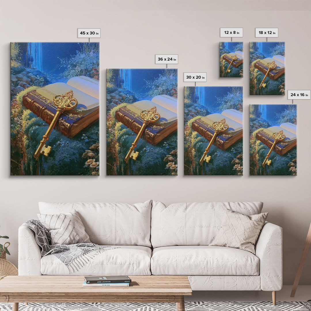 Golden Key and Enchanted Book Still Life Framed Canvas Print, Fairy Tale Art, Abstract Art, Living Room Decor, Storybook, FTA-2x3-41