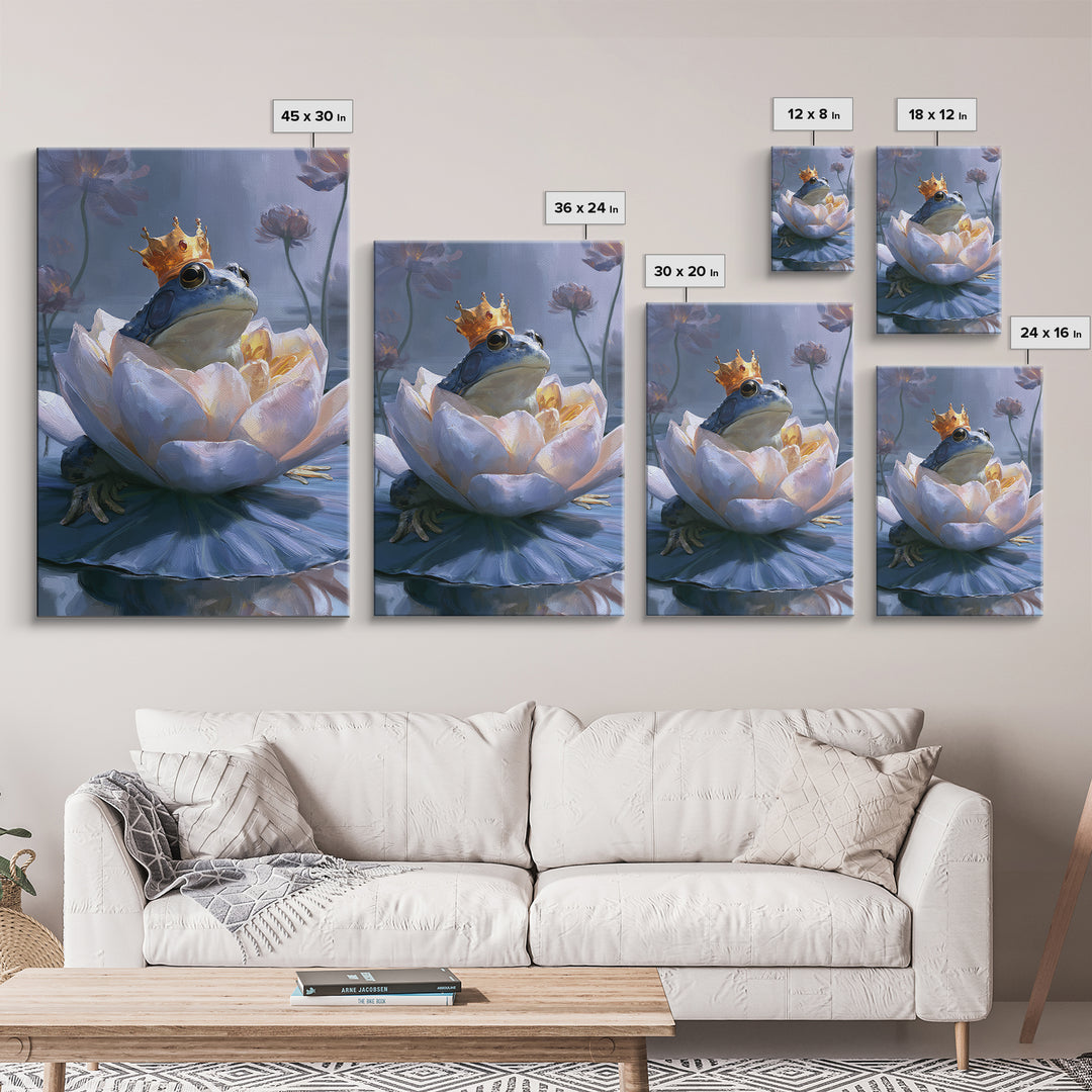 Frog Prince on a Lily Pad Framed Canvas Print, Fairy Tale Art, Canvas Wall Art, Living Room Decor, Fine Art, Storybook, FTA-2x3-43