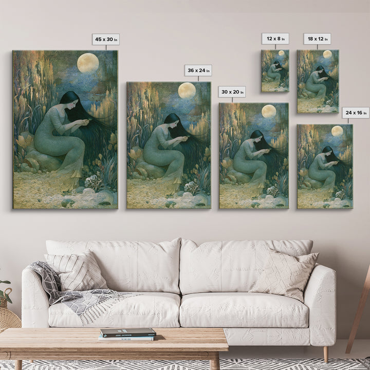 Mermaid Combing Hair Beneath a Pearl Moon Canvas Print, Fairy Tale Art, Luxury Decor, Living Room Decor, Storybook, FTA-2x3-44