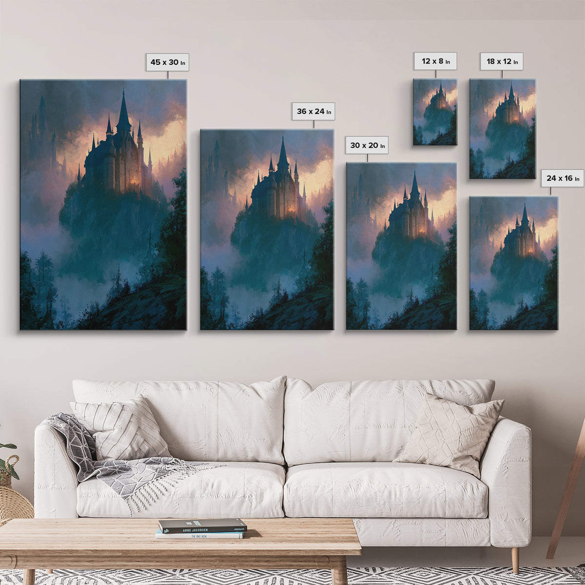 Storybook Castle on a Misty Hill Canvas Print, Fairy Tale Art, Canvas Wall Art, Living Room Decor, Fine Art, Storybook, FTA-2x3-58