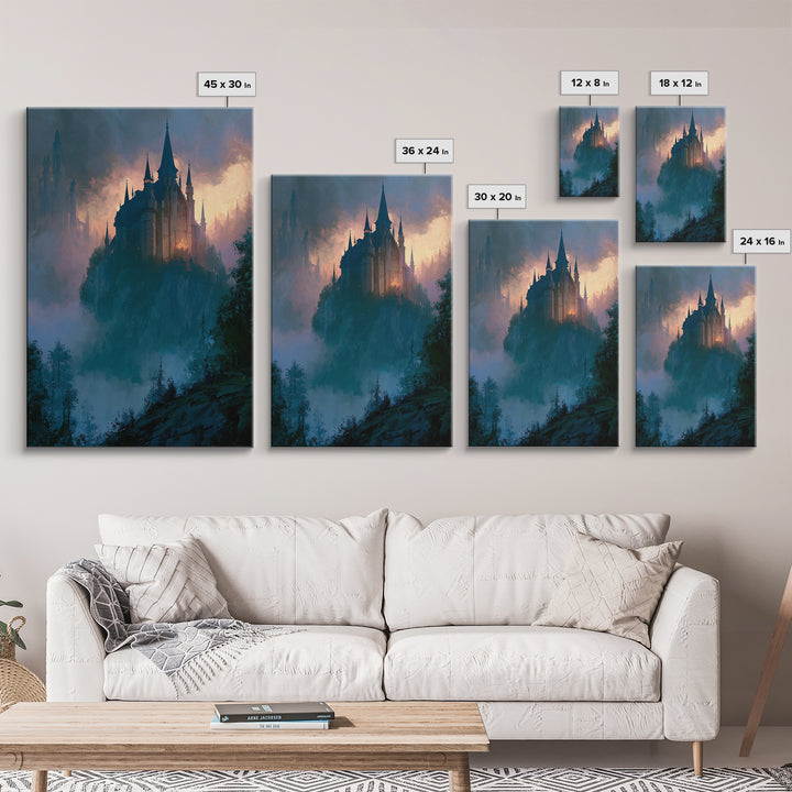 Storybook Castle on a Misty Hill Canvas Print, Fairy Tale Art, Canvas Wall Art, Living Room Decor, Fine Art, Storybook, FTA-2x3-58