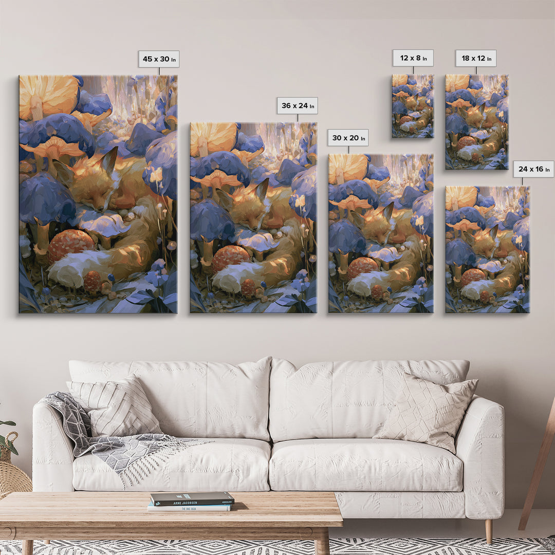 Sleeping Fox Beside a Magical Mushroom Ring Canvas Print, Fairy Tale Art, Boho Wall Art, Living Room Decor, Storybook, FTA-2x3-59