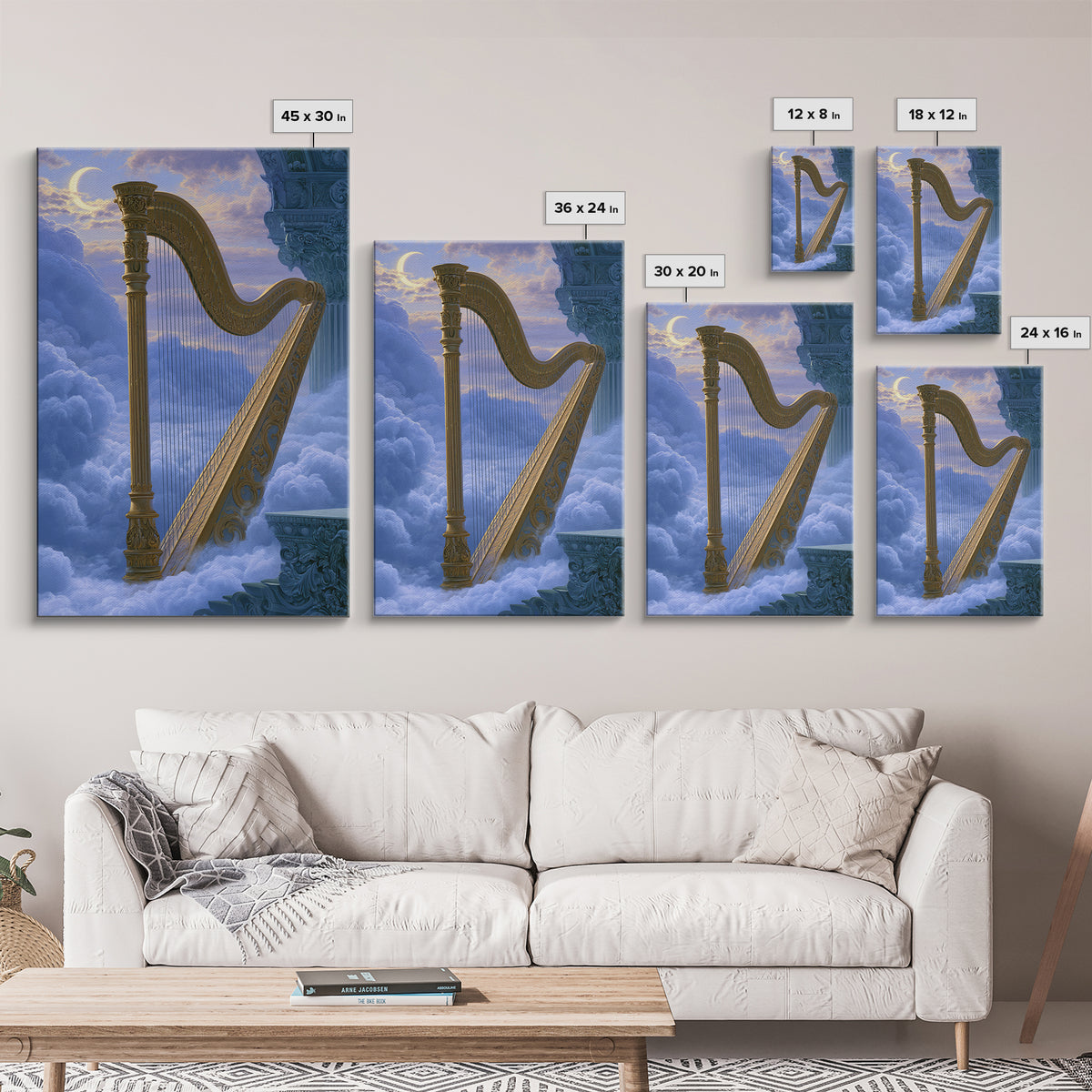 Golden Harp in a Cloud Kingdom Framed Canvas Print, Fairy Tale Art, Minimalist Decor, Living Room Decor, Fine Art, Storybook, FTA-2x3-6