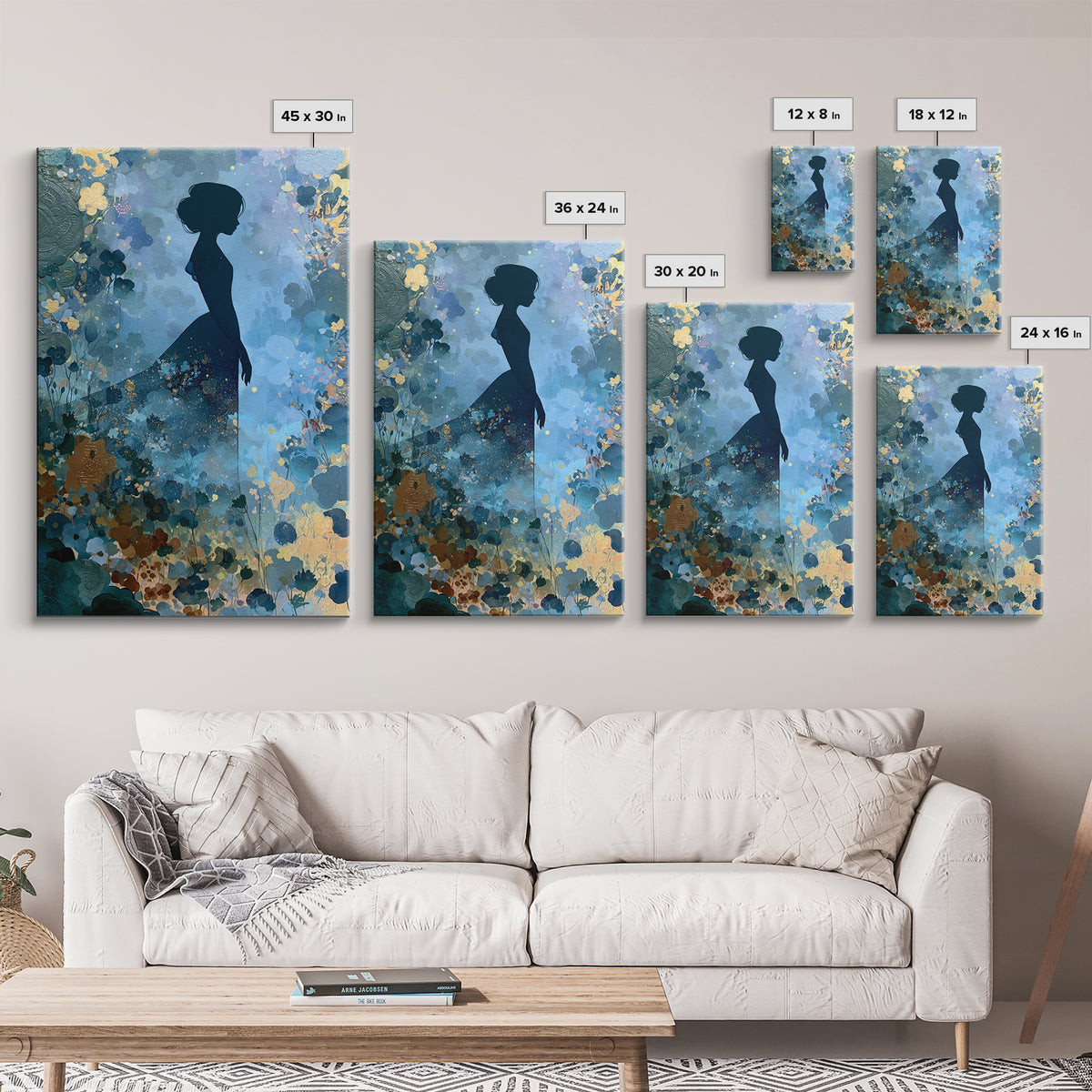 Princess Silhouette with Moonlit Garden Flowers Canvas Print, Fairy Tale Art, Art Nouveau, Living Room Decor, Storybook, FTA-2x3-60