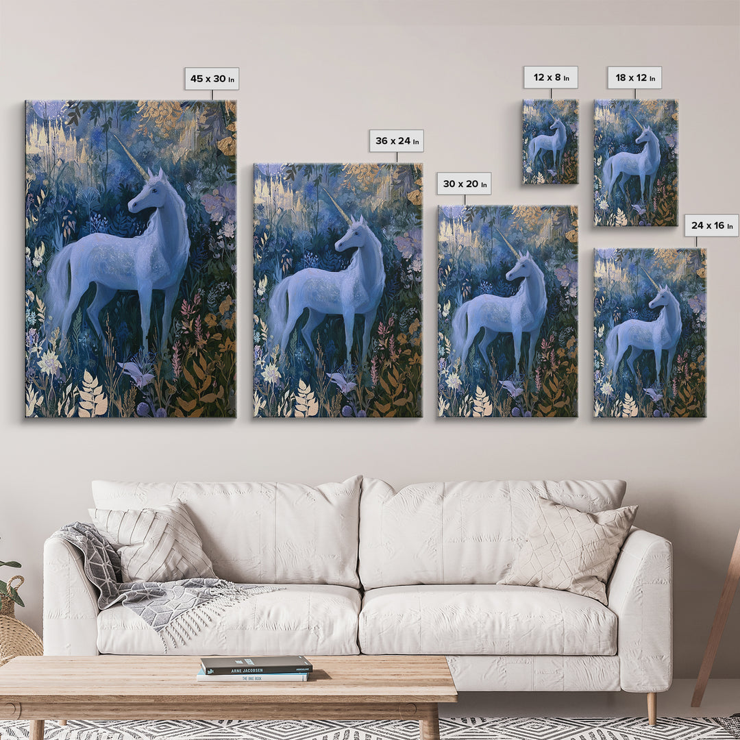 Unicorn in a Moonlit Meadow Canvas Print, Fairy Tale Art, Art Deco, Living Room Decor, Fine Art, Storybook, Whimsical Art, FTA-2x3-66