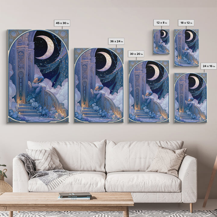 Mermaid Combing Hair Beneath a Pearl Moon Framed Canvas Print, Fairy Tale Art, Nursery Art, Living Room Decor, Storybook, FTA-2x3-68