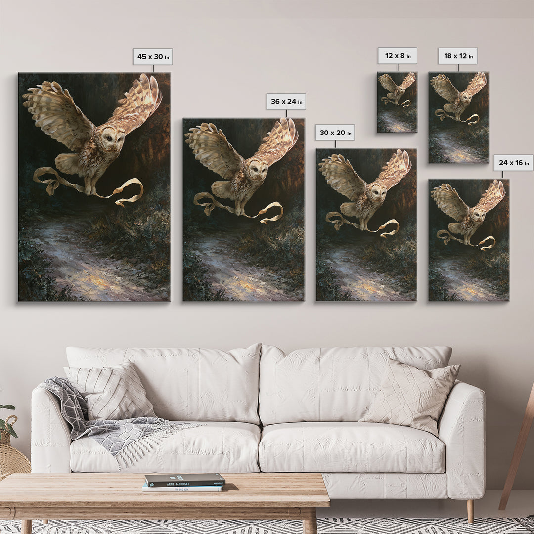 Owl Messenger Carrying a Tiny Ribbon Framed Canvas Print, Fairy Tale Art, Whimsical Art, Living Room Decor, Fine Art, Storybook, FTA-2x3-73