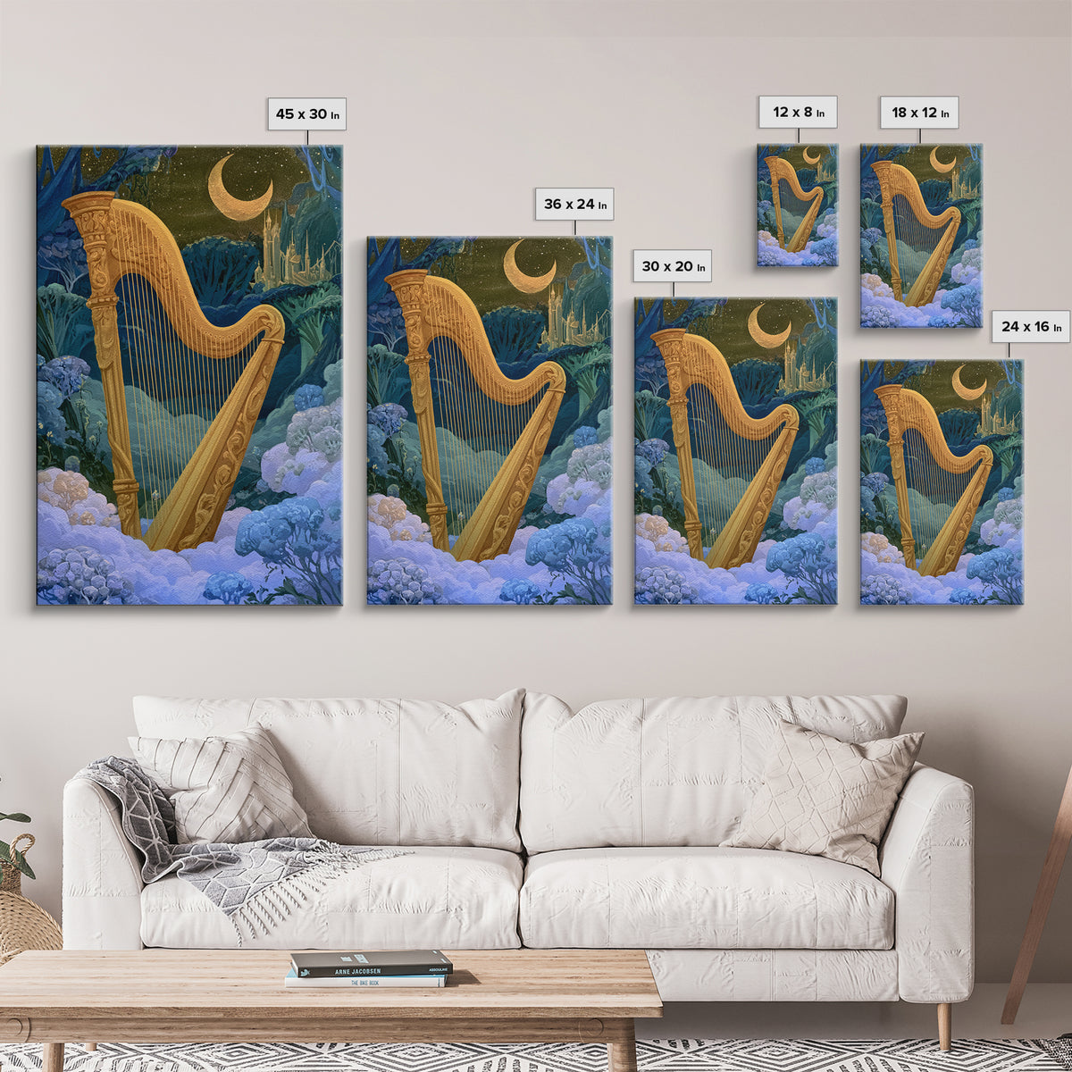 Golden Harp in a Cloud Kingdom Framed Canvas Print, Fairy Tale Art, Art Nouveau, Living Room Decor, Fine Art, Storybook, FTA-2x3-78