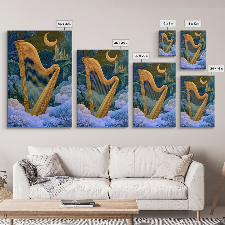 Golden Harp in a Cloud Kingdom Framed Canvas Print, Fairy Tale Art, Art Nouveau, Living Room Decor, Fine Art, Storybook, FTA-2x3-78