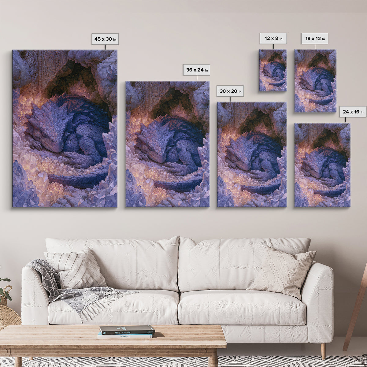 Sleeping Dragon in a Cave of Crystals Canvas Print, Fairy Tale Art, Nursery Wall Art, Living Room Decor, Storybook, Fantasy Art, FTA-2x3-80