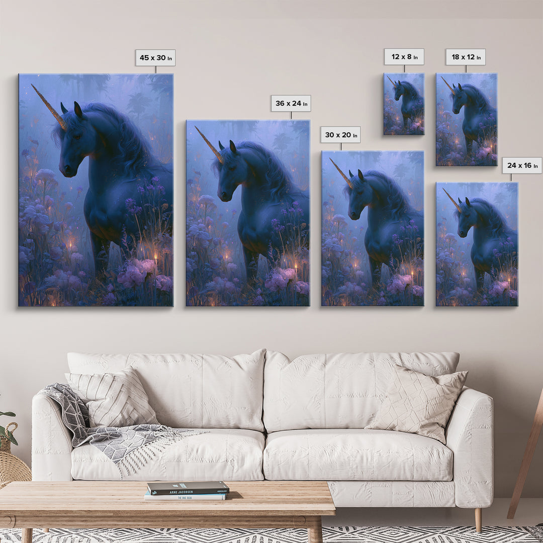 Unicorn in a Moonlit Meadow Framed Canvas Print, Fairy Tale Art, Printable Art, Living Room Decor, Oil Painting, Storybook, FTA-2x3-90