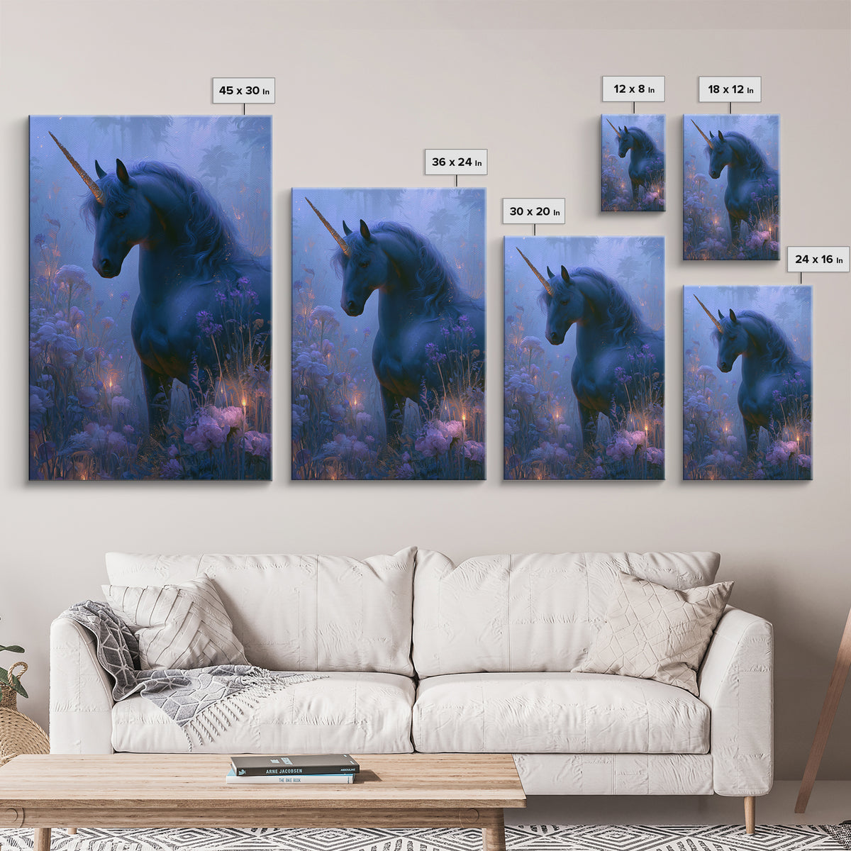 Unicorn in a Moonlit Meadow Framed Canvas Print, Fairy Tale Art, Printable Art, Living Room Decor, Oil Painting, Storybook, FTA-2x3-90